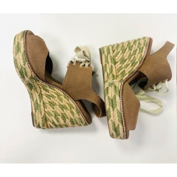 Tory Burch Brown Canvas Espadrille Wedge Sandals With Ivory Lace-Up Detail Women - Picture 3 of 10
